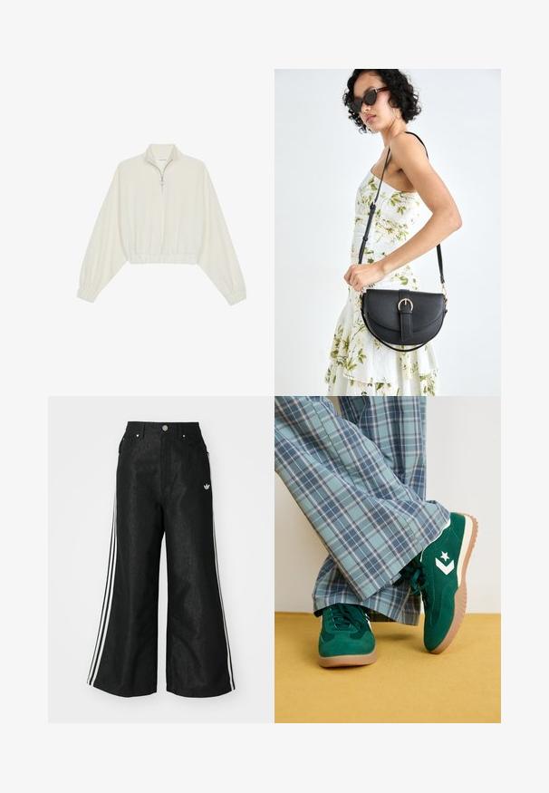 Pullover curto em tecido creme, apresentando um colarinho alto, fecho de meio zíper, bainha e punhos elásticos, com uma textura suave e design minimalista.; Calças de denim largas pretas com três riscas brancas em cada lado e um pequeno logótipo branco. Apresenta bolsos frontais e um fecho de botão.; Tenis de camurça verde com detalhes brancos e um logótipo de estrela, combinados com calças largas de padrão de xadrez azul, em fundo amarelo.; Bolsa de couro preta com forma curva, alça destacável e detalhes em dourado. A bolsa possui uma aba com detalhe de fivela.