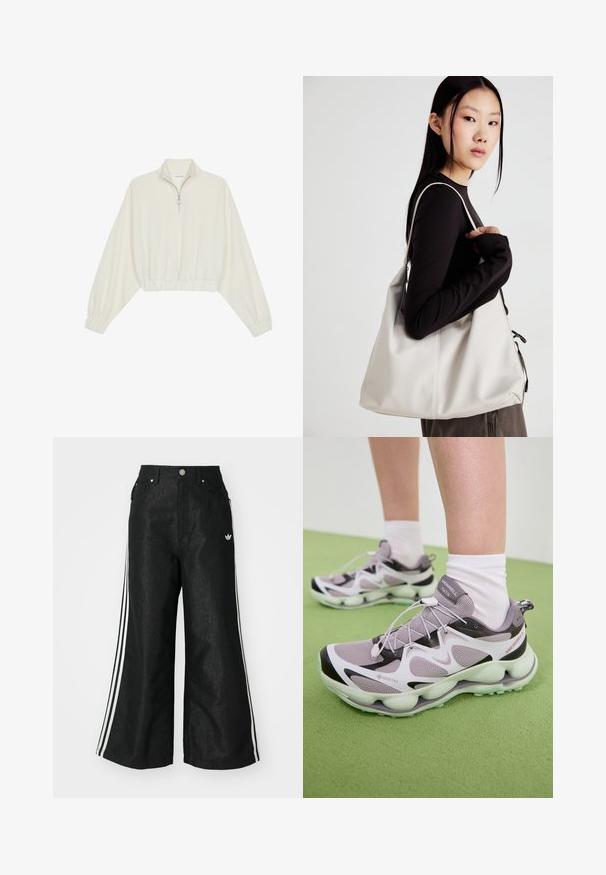 Skórzany pulower w kolorze kremowym, z wysokim kołnierzem, półzamkiem, elastycznym wykończeniem u dołu i mankietami, o gładkiej teksturze i minimalistycznym designie.; Czarne dżinsy o szerokich nogawkach z trzema białymi paskami po bokach i małym białym logo. Posiadają przednie kieszenie i zapięcie na guzik.; Jasnofioletowe buty sportowe GORE-TEX z teksturowaną siateczką, czarnymi akcentami i wyprofilowaną podeszwą. Posiadają elastyczne sznurowadła i wyściełany kołnierz.; Beżowa torebka wykonana z miękkiego materiału, charakteryzująca się luźnym fasonem, wyszywanymi detalami i dwoma uchwytami na ramię. Idealna na co dzień.