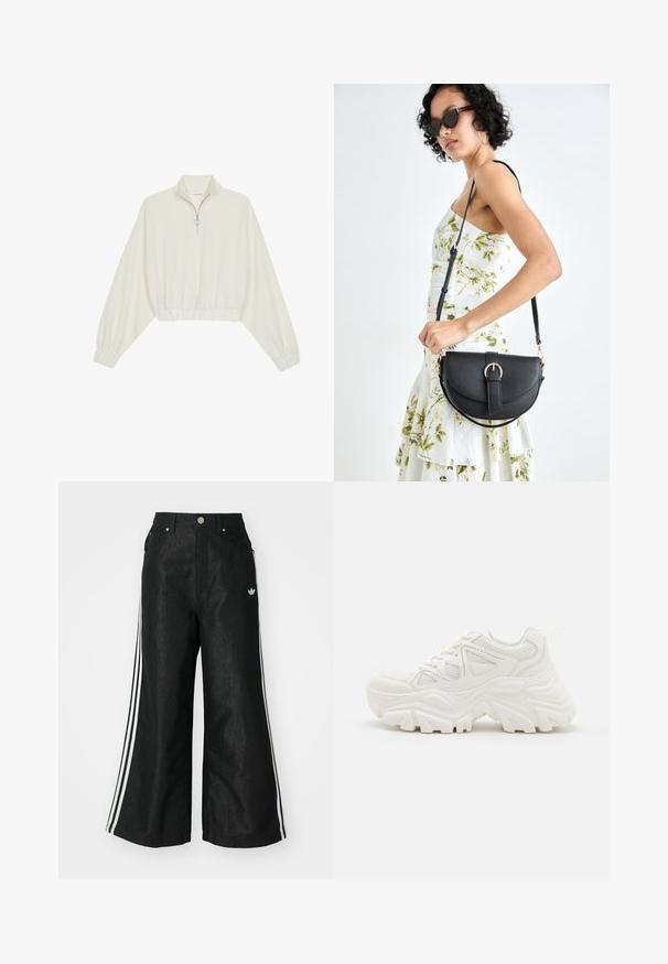 Kreemfarbenest lühikese varrukaga kudum, millel on kõrge kaelus, pool tõmblukk, elastne allosa ja varrukad, sile tekstuur ja minimaalne disain.; Mustad mustadeline denimipüksid, millel on kummalgi küljel kolm valget triipu ja väike valge logo. Omab esikotte ja nööbiga kinnihoidmist.; Valged jämedad sneakers, millel on tekstureeritud ülemine osa, võrgusilma paneelid ja paksud kummist tallad, millel on silmapaistev mustrimuster. Paelad ja tõmbeosa on kaasa arvatud.; Mustmust mustraha kõverate joontega, eemaldatava rihmaga ja kuldsete detailidega. Kotil on klapp, millel on pandladetail.