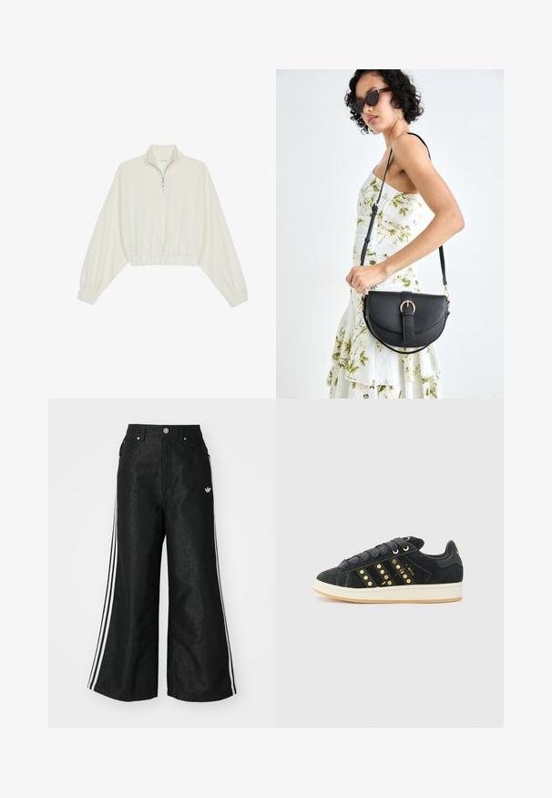 Cropped pullover in cream fabric, featuring a high collar, half-zip closure, elasticated hem and cuffs, with a smooth texture and minimal design.; Black wide-leg denim pants with three white stripe accents on each side and a small white logo. Features front pockets and a button closure.; adidas Originals CAMPUS 00S W - Trainers - core black/carbon/gold-coloured; Black leather handbag with a curved shape, detachable strap, and gold hardware. The bag features a flap with a buckle detail.