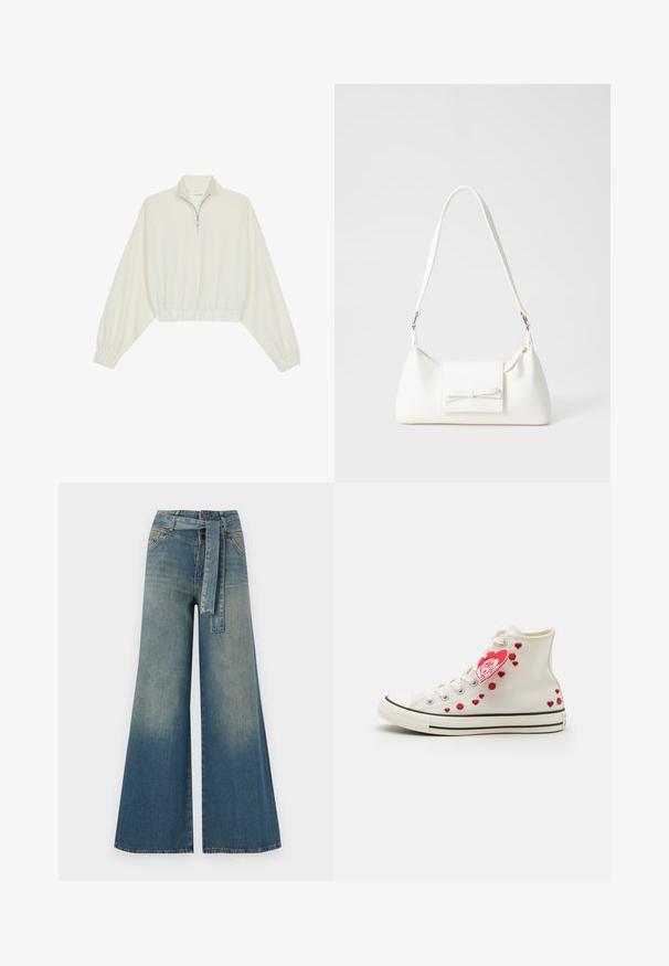 Cropped pullover in cream fabric, featuring a high collar, half-zip closure, elasticated hem and cuffs, with a smooth texture and minimal design.; Wide-leg denim trousers featuring a light to dark blue gradient, high waist, belt loops, and a matching fabric belt. Textured denim finish.; High-top canvas shoes in off-white with red heart accents and a rose design, featuring black rubber soles and white laces.; White synthetic handbag with a triangular shape, flat front flap and bow detail, adjustable strap, smooth texture, and minimalistic design.