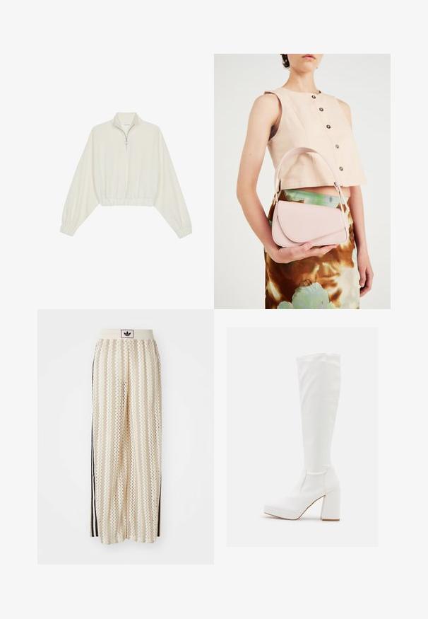 Gerippter Pullover aus cremefarbener Baumwolle mit hohem Kragen, halbem Reißverschluss, elastischen Säumen und Bündchen, glatter Textur und minimalistischem Design.; Cremfarbene, weit geschnittene Hosen mit einem Zickzackmuster, ausgestattet mit einem schwarzen Logo-Bund und seitlichen schwarzen Streifen. Leichter, strukturierter Stoff.; RAID CANNON - Plateaustiefel - white; Rosa Lederhandtasche mit gewölbtem Deckel, einem Schulterriemen und klaren Linien. Die Tasche zeigt eine glatte Textur und ein minimalistisches Design.