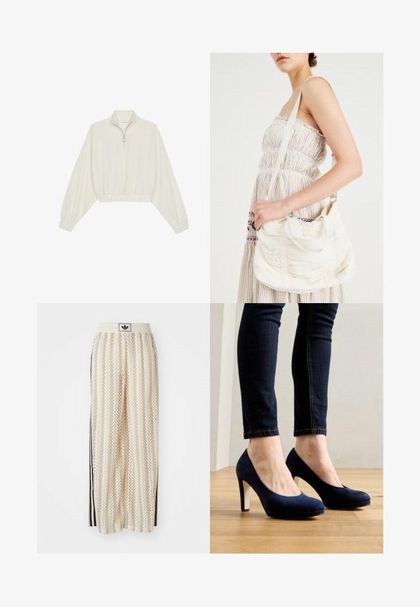 Lyhyt kerrosvaate vaaleasta kankaasta, jossa on korkea kaulus, puolivetoketjukiinnitys, joustavat helma ja hihansuut, tasainen pinta ja minimalistinen muotoilu.; Valkoiset leveälahkeiset housut, joissa on sahalaitakuvio, musta logovyötärö ja sivuilla mustat raidat. Kevyt, teksturoitu kangas.; Tummansininen mokkanahkainen korkokenkä, jossa on pyöreä varvas ja kontrastivärinen valkoinen korko. Yhdistetty tummiin farkkuisiin skinny-farkkuihin puulattialla.; Valkoinen kangaskassi, jossa on kerrostettu pinta, säädettävä olkahihna ja hopeiset yksityiskohdat. Esillä kermaisen värisen mekon vieressä.