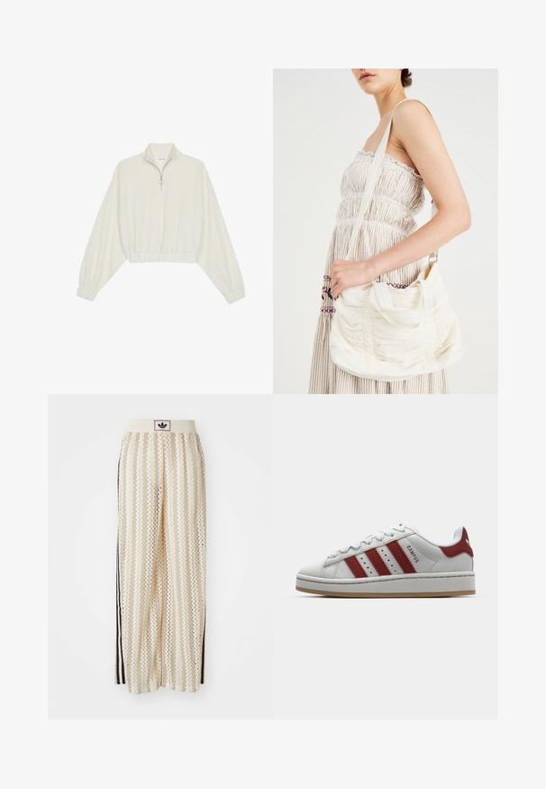 Pullover accorciato in tessuto crema, con colletto alto, chiusura a zip parziale, orlo e polsini elasticizzati, dalla texture liscia e design minimal.; Pantaloni a gamba larga color crema con un motivo a zigzag, dotati di una fascia in vita nera con logo e strisce nere laterali. Tessuto leggero e testurizzato.; Sneaker bianco in suede con tre strisce rosse, punta rotonda, suola piatta e collare imbottito. Presenta il testo "CAMPUS" sul lato.; Borsa a spalla in tessuto bianco con texture arricciata, tracolla regolabile e dettagli in argento. Esibita accanto a un vestito color crema.