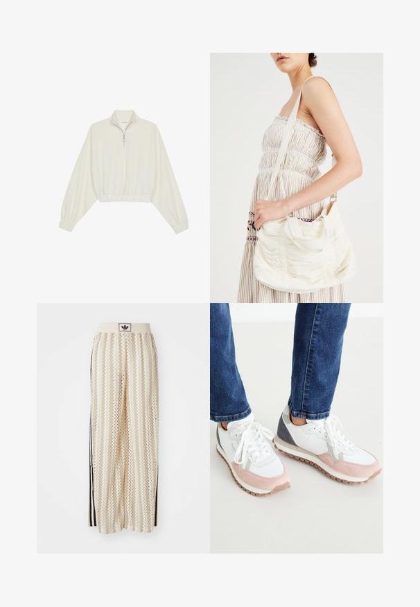 Skraćeni pulover od kremastog materijala, s visokim ovratnikom, zatvaranjem na polovicu munje, elastičnim rubom i manžetama, s glatkom teksturom i minimalnim dizajnom.; Pantalone širokog kroja krem boje s zigzag uzorkom, koji sadrži sivi pojas s crnim logotipom i bočne crne pruge. Lagani, teksturirani materijal.; Bijele i svijetloružičaste tenisice s sivim detaljima, s gornjim dijelom od kože i mrežice, gumenim potplatom i okruglim vezicama.; Bijela platnena torba s naramenicom, nabranom teksturom, podesivom trakom i srebrnim hardverom. Prikazana uz krem haljinu.