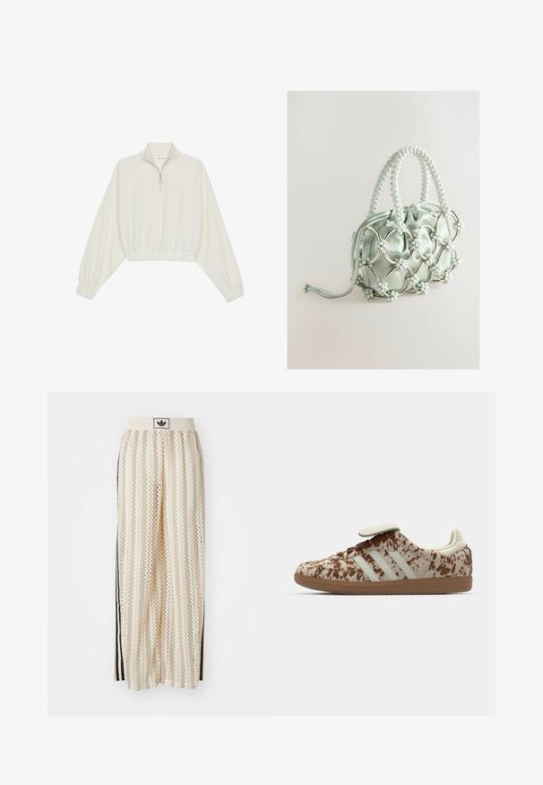 Krém színű, rövidített pulóver, magas gallérral, félig cipzáros záródással, elasztikus derék- és ujjakrésszel, sima textúrával és minimalista dizájnnal.; Krém színű, széles szárú nadrág zigzag mintával, fekete logós derékrésszel és fekete oldalsávokkal. Könnyű, texturált anyag.; Beige és barna foltos mintájú sportcipő, három fehér csíkkal, tépőzárral és barna gumi talppal.; Next Kézitáska - blue