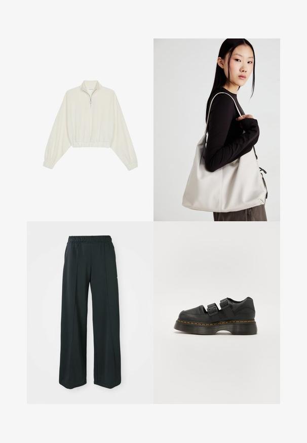 Kreminės spalvos trumpas megztinis, turintis aukštą apykaklę, pusiau užtrauktuką, elastinį apačią irRankovių kraštus, su lygiu paviršiumi ir minimalizuotu dizainu.; Juodos, plačios sportinės kelnės su elastingu juosmeniu. Pagamintos iš lygaus, tampraus audinio, su subtiliomis priekinėmis siūlėmis ir be kišenių.; Juodas odinis batas su dviem reguliuojamais sagtimis, pakelta tekstūruota pado dalimi ir matoma oranžine siūle vidurinėje pado dalyje.; Bežinė rankinė, pagaminta iš minkštos medžiagos, turinti laisvą dizainą, siuvinėtas detalės ir dvi petnešos. Tinkama kasdieniam naudojimui.