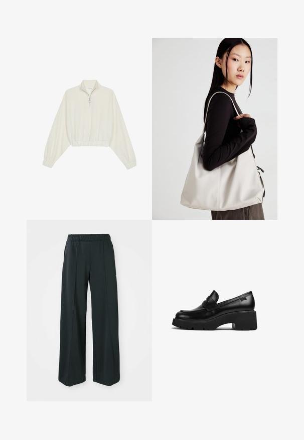 Zkrátený pulover z krémového materiálu, s vysokým golierom, polovičným zipsom, elastickým lemom a manžetami, s hladkou textúrou a minimalistickým dizajnom.; Čierne, široké športové nohavice s elastickým pásom. Vyrobené z hladkej, pružnej tkaniny, s jemnými prednými švami a bez vreciek.; Čierne kožené mokasíny s hrubým podpätkom a hrubou podrážkou, so strapcom na vrchu, zobrazené z boku na bielom pozadí.; Béžová kabelka vyrobená z mäkkého materiálu, s uvoľneným dizajnom, prišitými detailmi a dvoma popruhmi na nosenie na pleciach. Vhodná na každodenné nosenie.