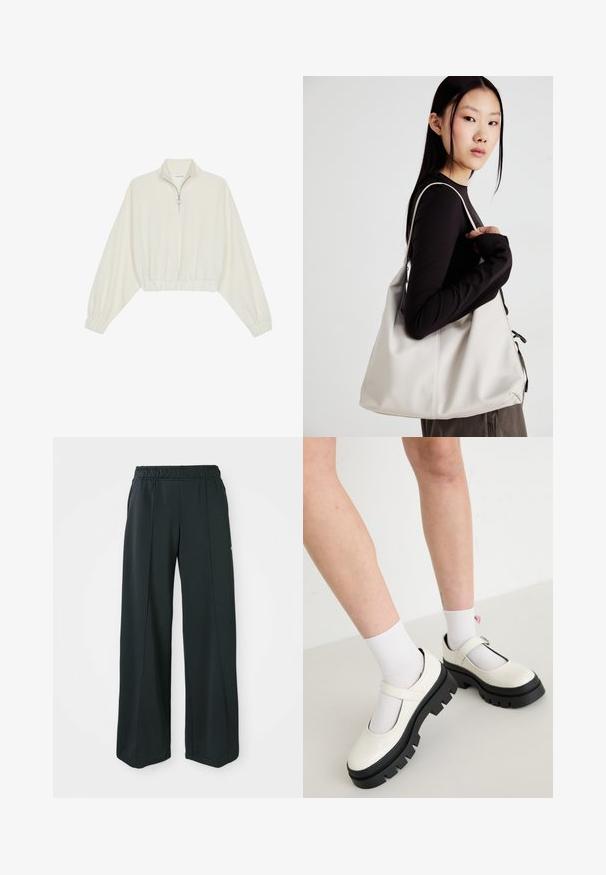 Gerippter Pullover aus cremefarbener Baumwolle mit hohem Kragen, halbem Reißverschluss, elastischen Säumen und Bündchen, glatter Textur und minimalistischem Design.; Schwarze, weit geschnittene Sporthosen mit elastischem Bund. Hergestellt aus glattem, dehnbarem Stoff, mit subtilen Vordernähten und ohne Taschen.; Weiße Lackleder-Mary-Jane-Schuhe mit einer dicken schwarzen Sohle, versehen mit einem Riemen über dem Spann und getragen mit weißen Socken.; Beige Handtasche aus weichem Material, mit einem lässigen Design, gesteppten Details und zwei Schulterriemen. Geeignet für den täglichen Gebrauch.