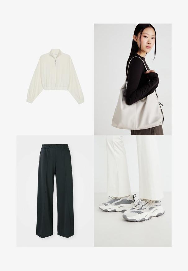 Gerippter Pullover aus cremefarbener Baumwolle mit hohem Kragen, halbem Reißverschluss, elastischen Säumen und Bündchen, glatter Textur und minimalistischem Design.; Schwarze, weit geschnittene Sporthosen mit elastischem Bund. Hergestellt aus glattem, dehnbarem Stoff, mit subtilen Vordernähten und ohne Taschen.; Bequeme athletische Sneaker in Hellgrau, bestehend aus einer Mischung aus Mesh- und Textilmaterialien, mit gemusterten Akzenten und einer dicken Gummisohle.; Beige Handtasche aus weichem Material, mit einem lässigen Design, gesteppten Details und zwei Schulterriemen. Geeignet für den täglichen Gebrauch.