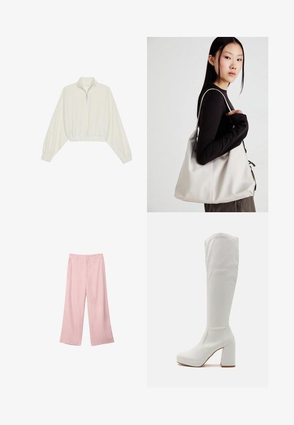 Cropped pullover in cream fabric, featuring a high collar, half-zip closure, elasticated hem and cuffs, with a smooth texture and minimal design.; Light pink wide-leg pants made of smooth fabric. Features a structured waistband and straight, flowing legs, with no visible patterns or hardware.; RAID CANNON - Platform boots - white; Beige handbag made of soft material, featuring a slouchy design, stitched detailing, and two shoulder straps. Suitable for everyday use.