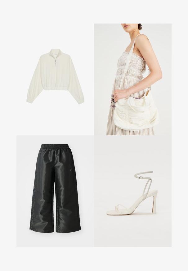 Krém színű, rövidített pulóver, magas gallérral, félig cipzáros záródással, elasztikus derék- és ujjakrésszel, sima textúrával és minimalista dizájnnal.; Fekete sportnadrág fényes, sima anyagból, rugalmas derékkal, széles lábakkal és egy kis logóval a bal oldalon.; Fehér magassarkú szandál vékony bokapánttal és két elülső pánttal. Simas bőr textúra, négyzet alakú orr, fényes sarokkal.; Fehér szövet válltáska, gyűrt textúrával, állítható pánttal és ezüst színű fémrészletekkel. Egy krémszínű ruhával mellett kiállítva.