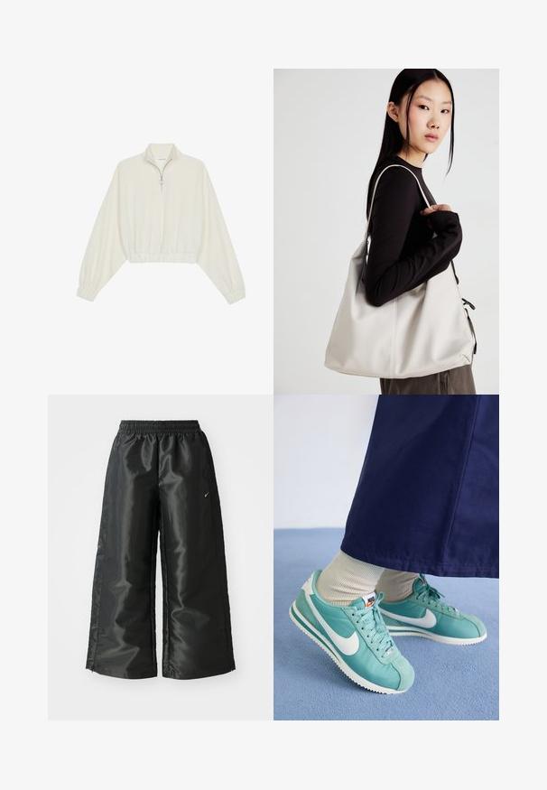 Kreemfarbenest lühikese varrukaga kudum, millel on kõrge kaelus, pool tõmblukk, elastne allosa ja varrukad, sile tekstuur ja minimaalne disain.; Mustad mustad sportsipüksid läikiva, siledaga kangaga, pa elastse vöökoha, laia sääre ja väikese logoga vasakul küljel.; Türkiissinised Nike jooksujalatsid valgete aktsentidega, valmistatud siledast kangast ja nahast, retro disainiga ja tekstuurse tallaga.; Bež käekott pehme materjali, millel on lõtv disain, õmblustega detailid ja kaks õlarihma. Sobib igapäevaseks kasutamiseks.