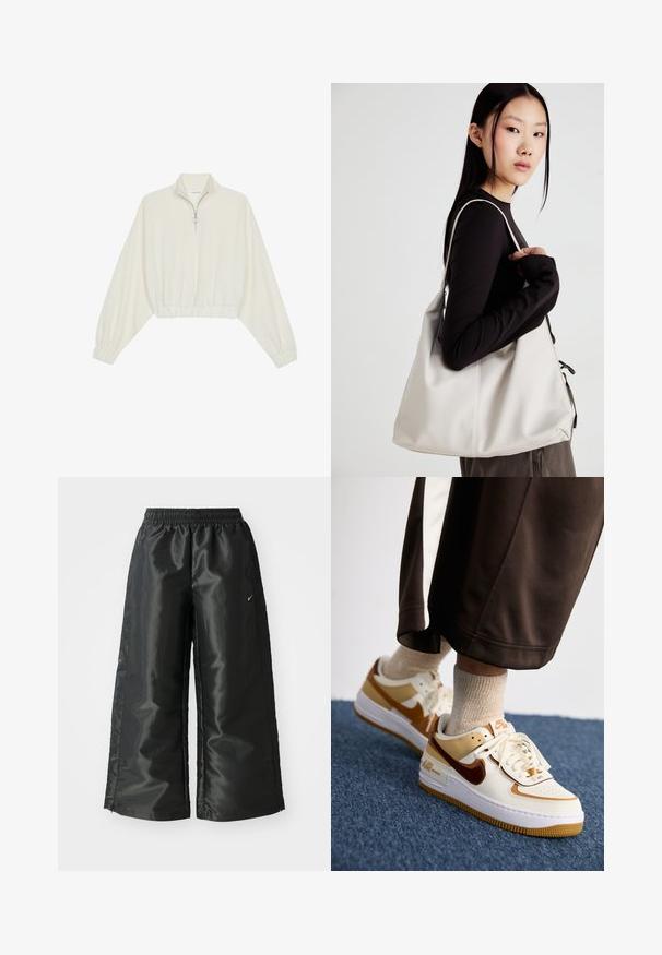 Cropped pullover in cream fabric, featuring a high collar, half-zip closure, elasticated hem and cuffs, with a smooth texture and minimal design.; Black athletic pants with a shiny, smooth fabric, featuring an elastic waistband, wide legs, and a small logo on the left side.; Nike Sportswear AIR FORCE 1 SHADOW - Trainers - sail/cacao wow/flax/sesame/white/light brown; Beige handbag made of soft material, featuring a slouchy design, stitched detailing, and two shoulder straps. Suitable for everyday use.