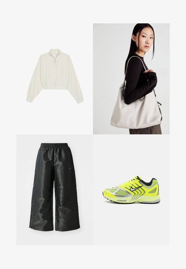 Zkrátený pulover z krémového materiálu, s vysokým golierom, polovičným zipsom, elastickým lemom a manžetami, s hladkou textúrou a minimalistickým dizajnom.; Čierne športové nohavice s lesklým, hladkým materiálom, ktoré majú elastický pás, široké nohavice a malé logo na ľavej strane.; Neónové žlté bežecké topánky s sieťovanými panelmi, striebornými akcentmi, čiernymi detailmi a textúrovanou podrážkou. Funkcie zahŕňajú šnúrky a polstrovaný golier.; Béžová kabelka vyrobená z mäkkého materiálu, s uvoľneným dizajnom, prišitými detailmi a dvoma popruhmi na nosenie na pleciach. Vhodná na každodenné nosenie.