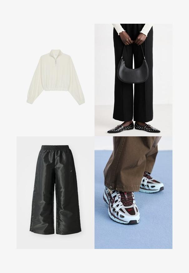 Kort genser i kremfarget stoff, med høy krage, halv glidelås, elastisk nederste kant og mansjetter, med en glatt tekstur og minimalistisk design.; Svarte treningsbukser med en blank, glatt stoff, som har et elastisk liv, vide ben og en liten logo på venstre side.; Nike-sneakers med en lys blå og brun fargekombinasjon, laget av mesh- og gummimateriale, med kontrasterende røde detaljer og en teksturert såle.; Svart skinn skulderveske med en avrundet form, glanset overflate og sølvfargede detaljer. Person iført sorte vide bukser og naglede loafers.