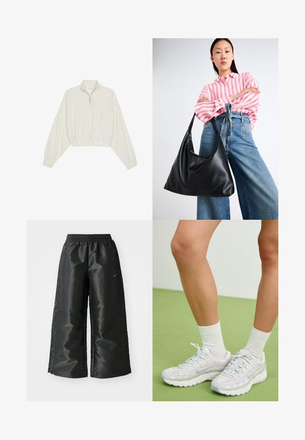 Skraćeni pulover od kremastog materijala, s visokim ovratnikom, zatvaranjem na polovicu munje, elastičnim rubom i manžetama, s glatkom teksturom i minimalnim dizajnom.; Crne sportske hlače od sjajnoga, glatkog materijala, s elastičnim pojasom, širokim nogavicama i malim logom na lijevoj strani.; Bijele Nike tenisice imaju strukturiranu mrežicu kao gornji dio, reflektirajuće detalje i mekanu podlogu. Uparene su s bijelim čarapama, na pozadini zelene podloge.; Crna kožna torba preko ramena sa opuštenim oblikom i detaljima šavova. Model nosi majicu s ružičasto-bijelim prugama i široke plave traperice.