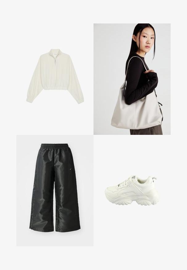 Gerippter Pullover aus cremefarbener Baumwolle mit hohem Kragen, halbem Reißverschluss, elastischen Säumen und Bündchen, glatter Textur und minimalistischem Design.; Schwarze Sporthose aus glänzendem, glattem Stoff, mit einem elastischen Bund, weitem Bein und einem kleinen Logo auf der linken Seite.; Weißer Sneaker mit einem klobigen Design, glattem Synthetik-Obermaterial, gepolstertem Kragen und einer strukturierten Gummisohle mit Diamantmuster.; Beige Handtasche aus weichem Material, mit einem lässigen Design, gesteppten Details und zwei Schulterriemen. Geeignet für den täglichen Gebrauch.