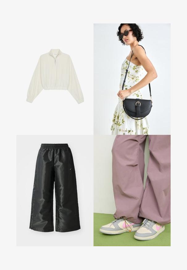 Kreemfarbenest lühikese varrukaga kudum, millel on kõrge kaelus, pool tõmblukk, elastne allosa ja varrukad, sile tekstuur ja minimaalne disain.; Mustad mustad sportsipüksid läikiva, siledaga kangaga, pa elastse vöökoha, laia sääre ja väikese logoga vasakul küljel.; Beige ja hallid Nike Dunk tossud roosa Swooshiga, millele on lisatud lahti istuvad lillad püksid, asuvad rohelisel pinnal.; Mustmust mustraha kõverate joontega, eemaldatava rihmaga ja kuldsete detailidega. Kotil on klapp, millel on pandladetail.