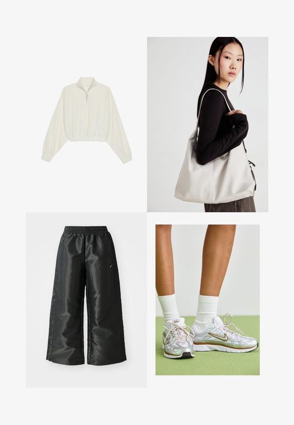 Kreptais pusītes džemperis krēmkrāsā, ar augstu apkakli, puszipa aizdari, elastīgu apakšmalu un aprocēm, ar gludu tekstūru un minimālistisku dizainu.; Melnas sporta bikses ar spīdīgu, gludu audumu, aprīkotas ar elastīgu jostu, platām kājām un mazu logotipu kreisajā pusē.; Sudraba sporta apavi ar baltām un zelta akcentiem, ar sieta augšdaļu, gumijas zoli un atstarojošu apdari. Zeķes redzamas virs potītes.; Bežs rokassoma, izgatavota no mīksta materiāla, ar brīvu dizainu, izšūtu apdari un divām plecu siksnām. Piemērota ikdienas lietošanai.