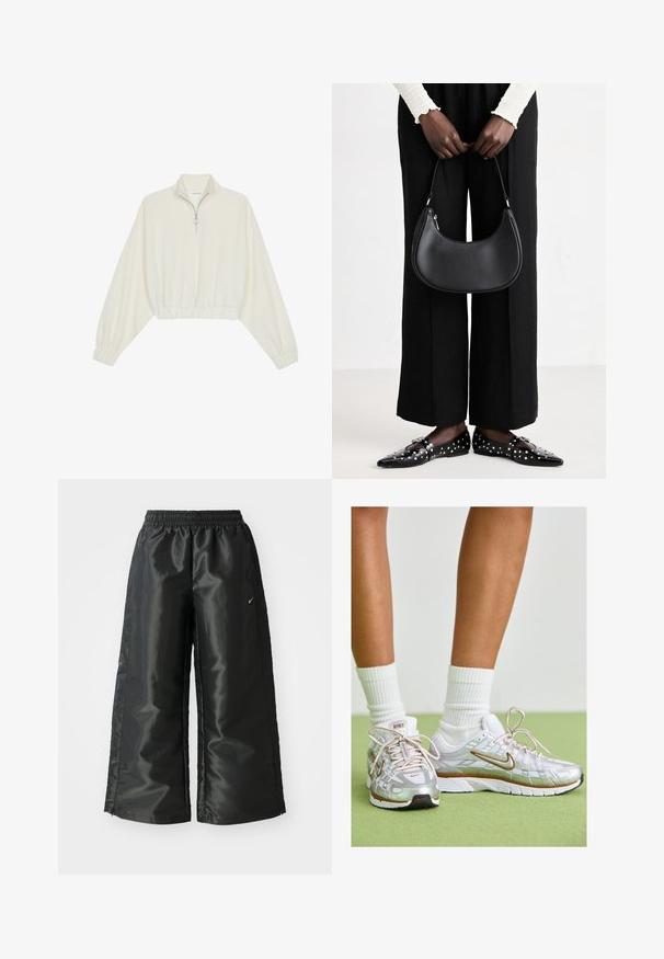 Skórzany pulower w kolorze kremowym, z wysokim kołnierzem, półzamkiem, elastycznym wykończeniem u dołu i mankietami, o gładkiej teksturze i minimalistycznym designie.; Czarne spodnie sportowe z błyszczącego, gładkiego materiału, z elastycznym paskiem w talii, szerokimi nogawkami i małym logo po lewej stronie.; Srebrne buty sportowe z białymi i złotymi akcentami, z siateczkową cholewką, gumową podeszwą i odblaskowym wykończeniem. Skarpetki widoczne ponad kostką.; Czarna skórzana torba na ramię o zaokrąglonym kształcie, z połyskującym wykończeniem i srebrnymi akcentami. Osoba w czarnych spodniac wyszczuplających i znaczonymi loafersami.