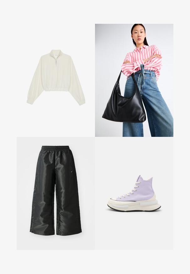 Cropped pullover in cream fabric, featuring a high collar, half-zip closure, elasticated hem and cuffs, with a smooth texture and minimal design.; Black athletic pants with a shiny, smooth fabric, featuring an elastic waistband, wide legs, and a small logo on the left side.; High-top sneakers in light purple canvas. Thick white midsole with black outsole. Features round toe and beige laces. Minimalistic design.; Black leather shoulder bag with a slouchy shape and seam details. Model wears a pink and white striped shirt with wide-leg blue jeans.