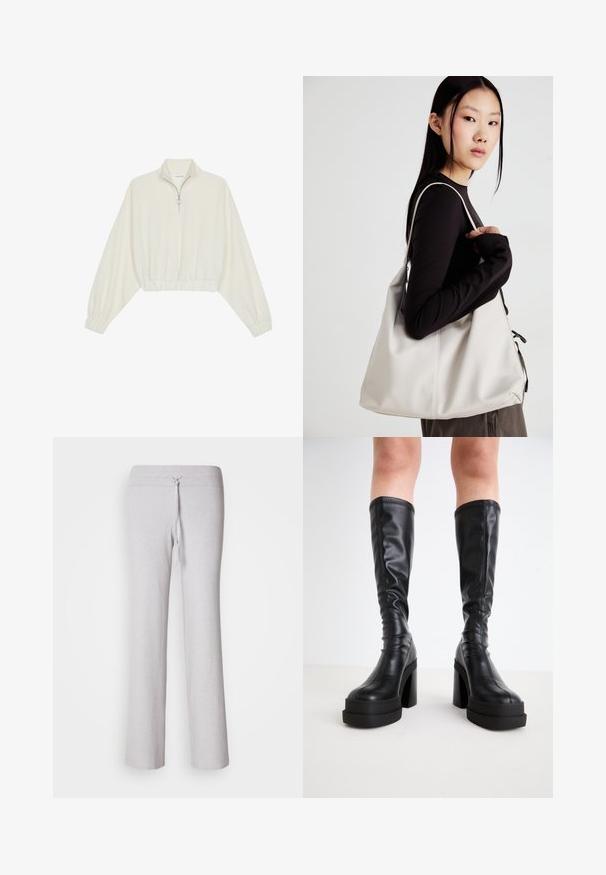 Lyhyt kerrosvaate vaaleasta kankaasta, jossa on korkea kaulus, puolivetoketjukiinnitys, joustavat helma ja hihansuut, tasainen pinta ja minimalistinen muotoilu.; Harmaat, ribattyyppiset löysät housut, joissa on nyörivyö ja leveät lahkeet. Sileä pinta, täyspitkä siluetti.; Mustat polvimittaiset saappaat, jotka on valmistettu sileästä nahasta, paksulla alustalla ja lohkokannalla, ja joissa on ommeltuja yksityiskohtia reunoilla.; Beige laukku, joka on valmistettu pehmeästä materiaalista, ja siinä on rento muotoilu, ommeltu yksityiskohtia ja kaksi olkahihnaa. Sopii päivittäiseen käyttöön.