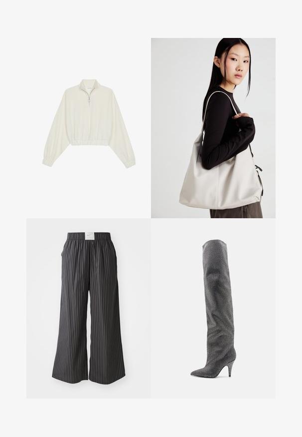 Kreemfarbenest lühikese varrukaga kudum, millel on kõrge kaelus, pool tõmblukk, elastne allosa ja varrukad, sile tekstuur ja minimaalne disain.; Mustriliste mustad ja hallid laiad püksid elastse vöökohtaga ning taga Nike logo silt. Kerge kangas, lai lõige.; Steve Madden MAZER-R - Kõrge kontsaga saapad - black; Bež käekott pehme materjali, millel on lõtv disain, õmblustega detailid ja kaks õlarihma. Sobib igapäevaseks kasutamiseks.