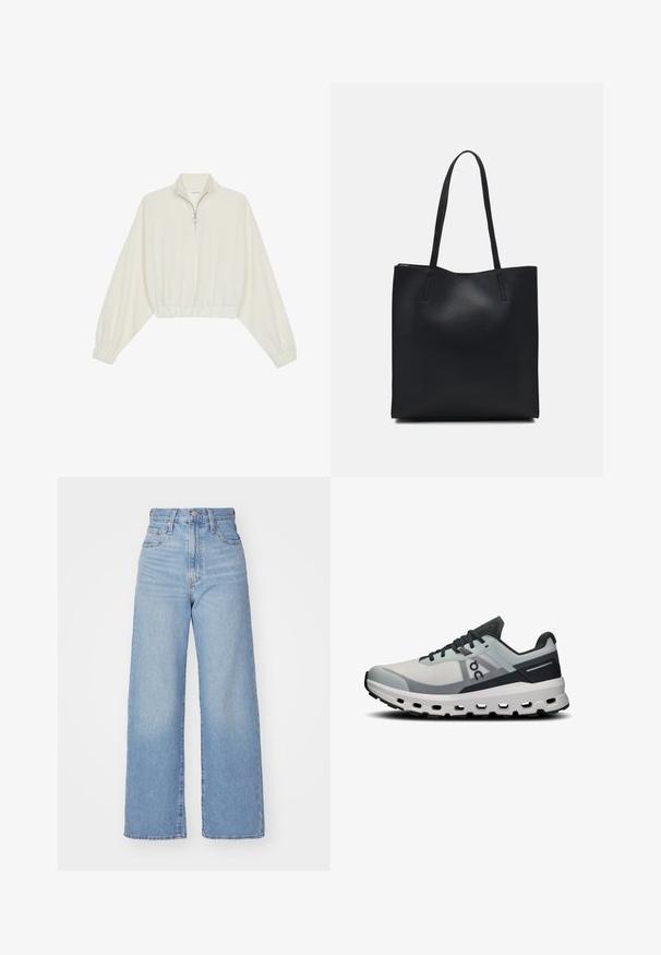 Pullover court en tissu crème, avec un col haut, fermeture éclair à mi-hauteur, ourlet et poignets élastiqués, offrant une texture lisse et un design minimaliste.; Jean large taille haute bleu clair avec bouton et fermeture éclair à l'avant, poches avant et arrière, sur fond blanc.; Une chaussure de course avec une tige en mesh gris clair, des accents bleu foncé, et une semelle intermédiaire blanche épaisse avec des découpes. Les lacets sont gris foncé.; Sac fourre-tout en cuir noir avec une texture lisse, de forme rectangulaire et deux longues poignées. Pas de matériel ou d'ornementations visibles.