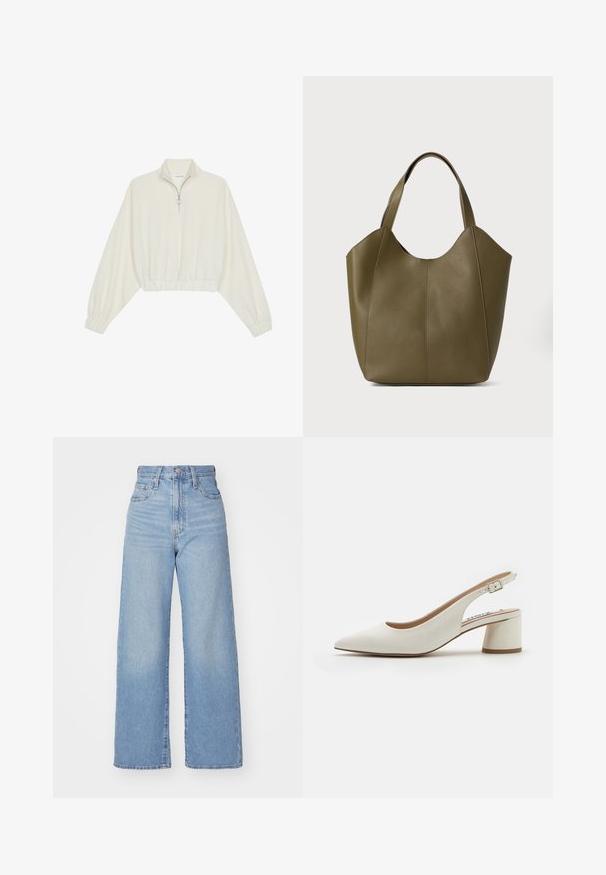 Kort genser i kremfarget stoff, med høy krage, halv glidelås, elastisk nederste kant og mansjetter, med en glatt tekstur og minimalistisk design.; Lys blå høytlivs vide jeans med knapp- og glidelås lukking foran, foran og bak lommer, på en hvit bakgrunn.; Hvit lær slingback pump med spiss tå, mid-høy blokkhelle og justerbar stropp. Glatt tekstur; minimalistisk design.; Olivengrønn skinn totebag med doble stropper, glatt tekstur og firpaneldesign. Forsterket søm langs sømmene for holdbarhet.