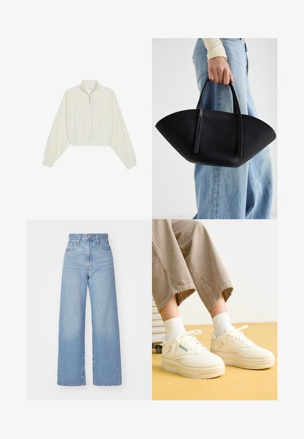 Kort genser i kremfarget stoff, med høy krage, halv glidelås, elastisk nederste kant og mansjetter, med en glatt tekstur og minimalistisk design.; Lys blå høytlivs vide jeans med knapp- og glidelås lukking foran, foran og bak lommer, på en hvit bakgrunn.; Hvite lær joggesko med teksturert overflate, polstret krage og tykke såler. Akenter inkluderer en flerfarget logo på siden.; Svart skinnveske med en unik vifteform, med flate håndtak. Overflaten har en pebblelignende tekstur og et minimalistisk design.