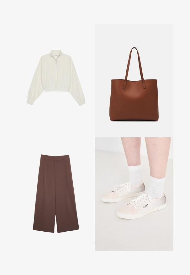 Avkortad tröja i krämfärgad tyg, med hög krage, halvdragkedja, elastisk nederkant och ärmar, med en slät yta och minimalistisk design.; Bruna vida byxor med en slät textur, som har hög midja och framfickor. Tyget är lätt och flödar löst.; Ljusfärgade canvas sneakers med vita snören, som har rosa och beige detaljer, en vit gummisula och en logotyp på sidan.; Brun läder tote-väska med en slät textur, öppen toppdesign och två axelremmar. Har minimal söm och ingen synlig metalldetalj.