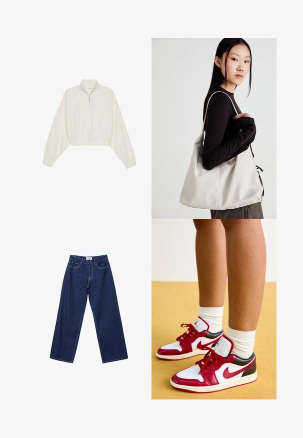Zkrácený svetr z krémové látky, který má vysoký límec, poloviční zip, elastický spodní lem a manžety, hladkou texturu a minimalistický design.; Široké tmavě modré džíny z denimu s knoflíkovým zapínáním, pěti kapsami a kontrastním bílým šitím. Tkanina má hladký, mírně texturovaný povrch.; Jordan AIR JORDAN 1 LOW - Tenisky - white/gym red/black/sail; Beige kabelka vyrobená z měkkého materiálu, s volným designem, prošívanými detaily a dvěma ramenními popruhy. Vhodná pro každodenní použití.
