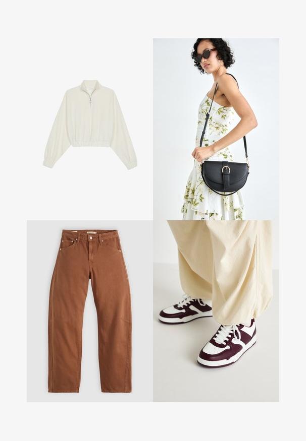 Zkrátený pulover z krémového materiálu, s vysokým golierom, polovičným zipsom, elastickým lemom a manžetami, s hladkou textúrou a minimalistickým dizajnom.; Hnedohnedé rovné džínsy so prednými a zadnými vreckami, kovovými nýtmi, zapínaním na gombík a pútkami na opasok, položené na bielom pozadí.; ONLY SHOES ONLSWIFT - Tenisky - white/dark red; Čierna kožená kabelka s zaobleným tvarom, odnímateľným popruhom a zlatými doplnkami. Kabelka má klopu s detailom s prackou.