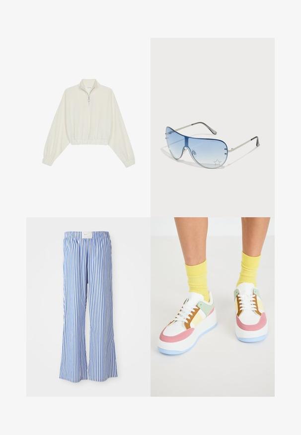 Skraćeni pulover od kremastog materijala, s visokim ovratnikom, zatvaranjem na polovicu munje, elastičnim rubom i manžetama, s glatkom teksturom i minimalnim dizajnom.; Plave i bijele prugaste hlače opuštenog kroja, izrađene od lagane tkanine, s elastičnom pasicom i suptilnom oznakom logotipa.; Bijele tenisice s pastelnim naglascima u mint, ružičastoj i žutoj boji. Imaju debeli potplat, perforiranu prednju stranu i kontrastne vezice.; Naočale tipa avijatičar s gradijentnim plavim staklima, okvirom od srebrnog metala i dekorativnim zvjezdastim naglascima na staklima. Glatki i elegantni dizajn.