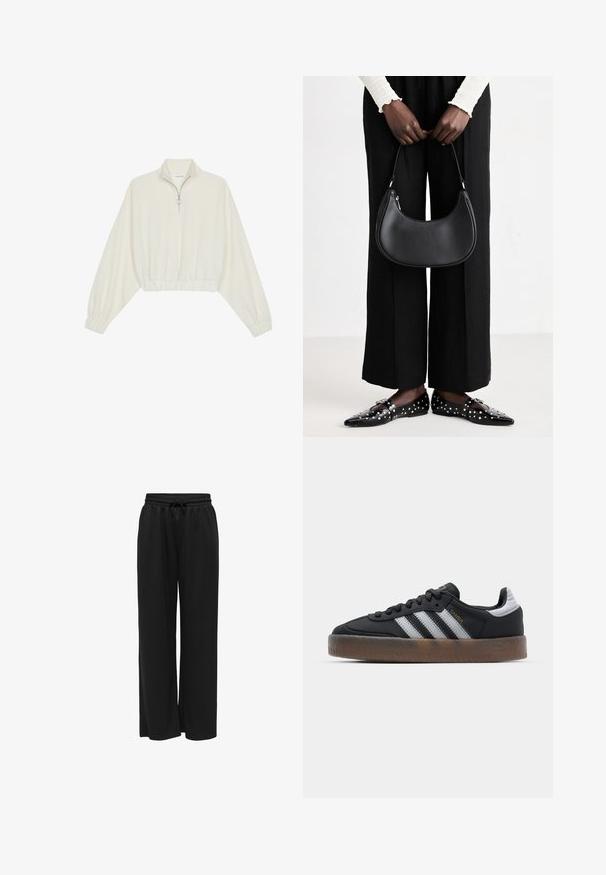 Kort striktrøje i cremefarvet stof med høj krave, halvlynlås, elastisk kant og manchetter, glat tekstur og minimalistisk design.; Sorte bredbenede bukser lavet af blødt stof, med en strækbar talje med snor for justerbar pasform. Ingen mønstre eller accenter.; Sorte sneakers med et strømlinet design, med tre hvide striber, en sort tunge og en tekstureret brun gummisål. Accenter af guldskrift.; Sort læder skuldertaske med rund form, glat finish og sølv hardware. Person iført sorte brede bukser og nitter loafers.