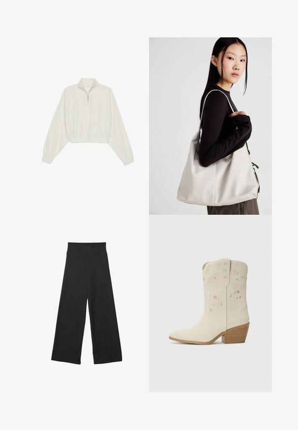 Kort striktrøje i cremefarvet stof med høj krave, halvlynlås, elastisk kant og manchetter, glat tekstur og minimalistisk design.; Sorte brede bukser med høj elastisk talje, blødt stof og løs pasform, velegnede til afslappet tøj eller uformelle anledninger.; Hvide læder cowboystøvler med blomsterbroderi, spids tå og en stabeltræ hæl. Funktioner dekorativ syning på skaftet.; Beige håndtaske lavet af blødt materiale med et slouchy design, stikninger og to skulderremme. Velegnet til daglig brug.