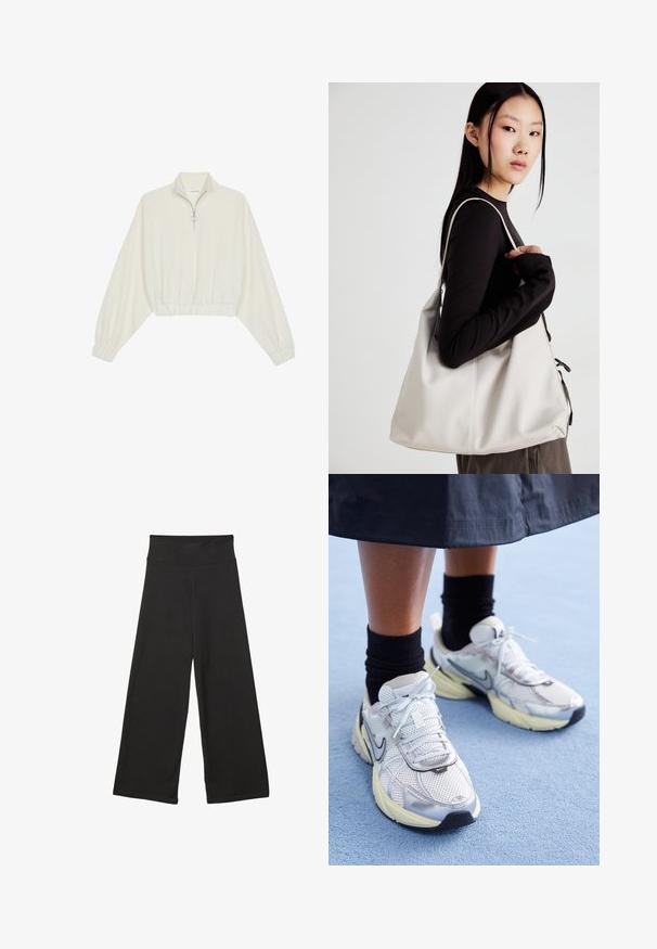Pullover accorciato in tessuto crema, con colletto alto, chiusura a zip parziale, orlo e polsini elasticizzati, dalla texture liscia e design minimal.; Pantaloni neri a gamba larga con vita elastica alta, in tessuto morbido e vestibilità ampia, adatti per l'abbigliamento casual o ambienti rilassati.; Nike sneakers bianchi e argento con tessuto in rete, dettagli riflettenti e suola beige. Indossati con calze nere, in piedi su una superficie blu.; Borsa a mano beige realizzata in materiale morbido, caratterizzata da un design morbido, dettagli cuciti e due manici. Adatta per l'uso quotidiano.