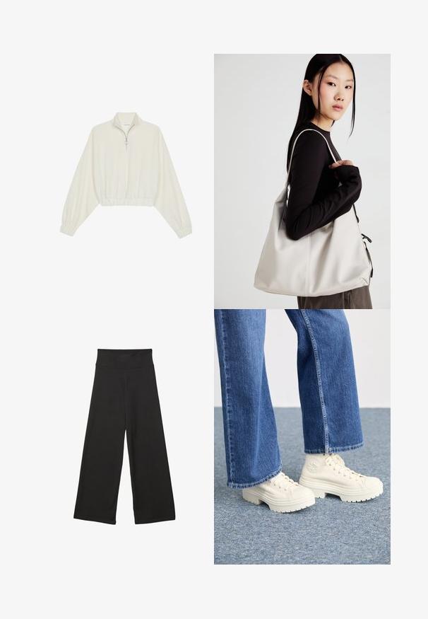 Kratka pulover v kremnem blagu, z visokim ovratnikom, pol-zadrgo, elastičnim robom in manšetami, z gladko teksturo in minimalističnim oblikovanjem.; Črne široke hlače z visokim elastičnim pasom, izdelane iz mehke tkanine in ohlapnega kroja, primerne za sproščeno nošenje ali casual priložnosti.; Bele zimske superge z debelimi, rebrastimi podplati in krožnim logotipom, oblečene z svetlo modrimi, širokimi kavbojkami.; Bežna torbica iz mehkega materiala, z ohlapno zasnovo, šivi in dvema naramnicama. Primerna za vsakodnevno uporabo.