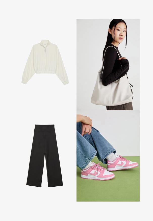 Skórzany pulower w kolorze kremowym, z wysokim kołnierzem, półzamkiem, elastycznym wykończeniem u dołu i mankietami, o gładkiej teksturze i minimalistycznym designie.; Czarne spodnie szerokie z nogawkami, wyposażone w wysoki elastyczny pas, wykonane z miękkiego materiału i luźnym kroju, idealne do codziennego noszenia lub w luźniejszych okolicznościach.; Różowe i białe sneakersy Nike z materiałów skórzanych i siatkowych, z kontrastującymi wzorami, okrągłym noskiem oraz dopasowanymi różowymi sznurówkami i akcentami.; Beżowa torebka wykonana z miękkiego materiału, charakteryzująca się luźnym fasonem, wyszywanymi detalami i dwoma uchwytami na ramię. Idealna na co dzień.