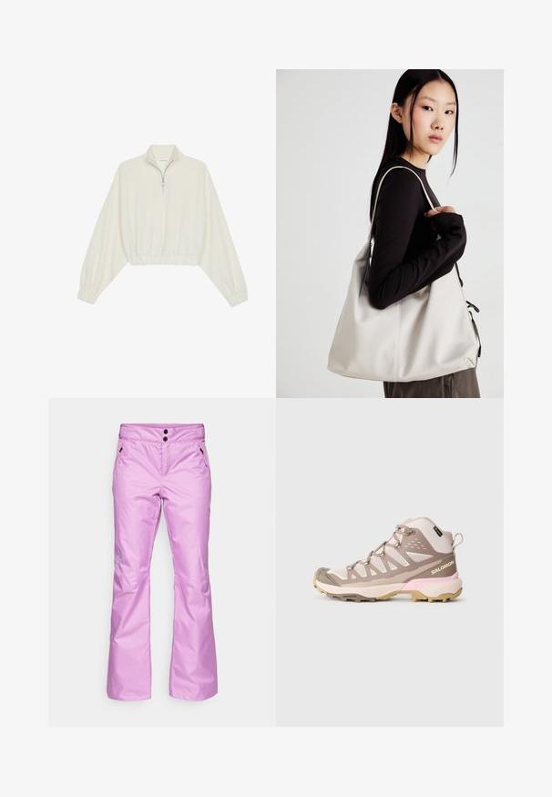 Kreemfarbenest lühikese varrukaga kudum, millel on kõrge kaelus, pool tõmblukk, elastne allosa ja varrukad, sile tekstuur ja minimaalne disain.; Veekindlad roosad lumepüksid, mis on valmistatud siledast ja vastupidavast kangast. Neis on kaks eesmist taskut, lukuga eesmine sulgemine ja kaks nööpkinnitust.; Heledad roosa keskmise kõrgusega matkajalats, millel on hingav võrgust ülemine osa, pruuni aktsendiga, tekstuuriga välistald ja tugevdatud varbakaitse. Omab Salomoni brändingut.; Bež käekott pehme materjali, millel on lõtv disain, õmblustega detailid ja kaks õlarihma. Sobib igapäevaseks kasutamiseks.