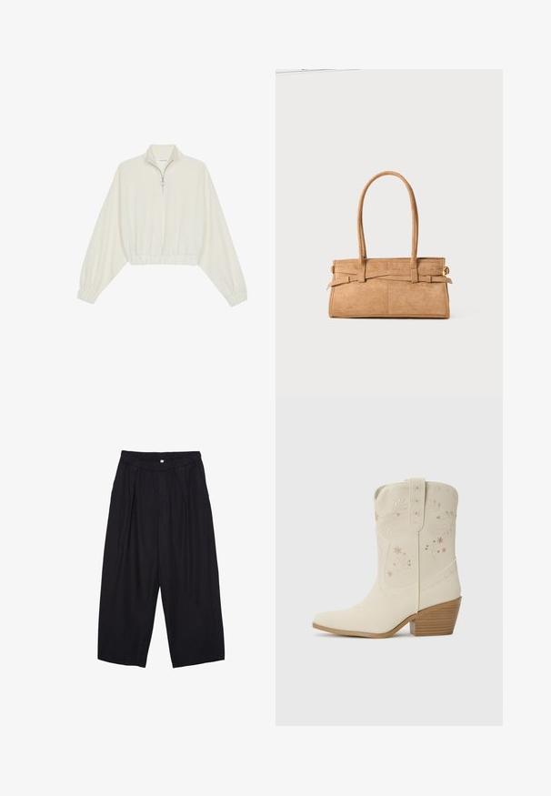 Pullover court en tissu crème, avec un col haut, fermeture éclair à mi-hauteur, ourlet et poignets élastiqués, offrant une texture lisse et un design minimaliste.; Pantalon culotte noir en polyester avec une taille élastique, deux plis avant et une silhouette ample. Pas de motifs visibles ni de détails matériels.; Botte de cowboy en cuir blanc avec broderies florales, pointe effilée et talon en bois empilé. Présente des coutures décoratives sur le tige.; Sac en daim beige avec deux longues poignées, de forme rectangulaire et avec des coutures décoratives. Dispose d'une bandoulière et de subtils accents en métal doré.