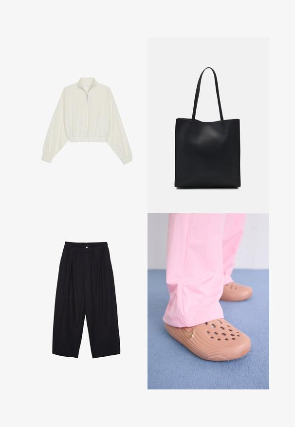 Pullover accorciato in tessuto crema, con colletto alto, chiusura a zip parziale, orlo e polsini elasticizzati, dalla texture liscia e design minimal.; Pantaloni culotte neri in poliestere con una cintura elastica, due pieghe frontali e una silhouette ampia. Nessun motivo visibile o dettagli in metallo.; Zoccoli Nike in plastica color beige con perforazioni, lati testurizzati e una swoosh dorata. Indossati con pantaloni rosa su un pavimento blu.; Borsa tote in pelle nera con texture liscia, forma rettangolare e due manici lunghi. Nessun hardware o decorazione visibile.
