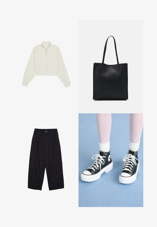 Avkortad tröja i krämfärgad tyg, med hög krage, halvdragkedja, elastisk nederkant och ärmar, med en slät yta och minimalistisk design.; Svarta polyester culottbyxor med elastisk midja, två framfickor och en lös silhuett. Inga synliga mönster eller hårdvarudetaljer.; Svarta hög-top sneakers med vita sulor och snören, med en cirkulär logotyp på sidan och kontrasterande svarta sömmar. Texturerad tygöverdel.; Svart lädertoffelväska med slät textur, rektangulär form och två långa handtag. Ingen synlig hårdvara eller dekorationer.