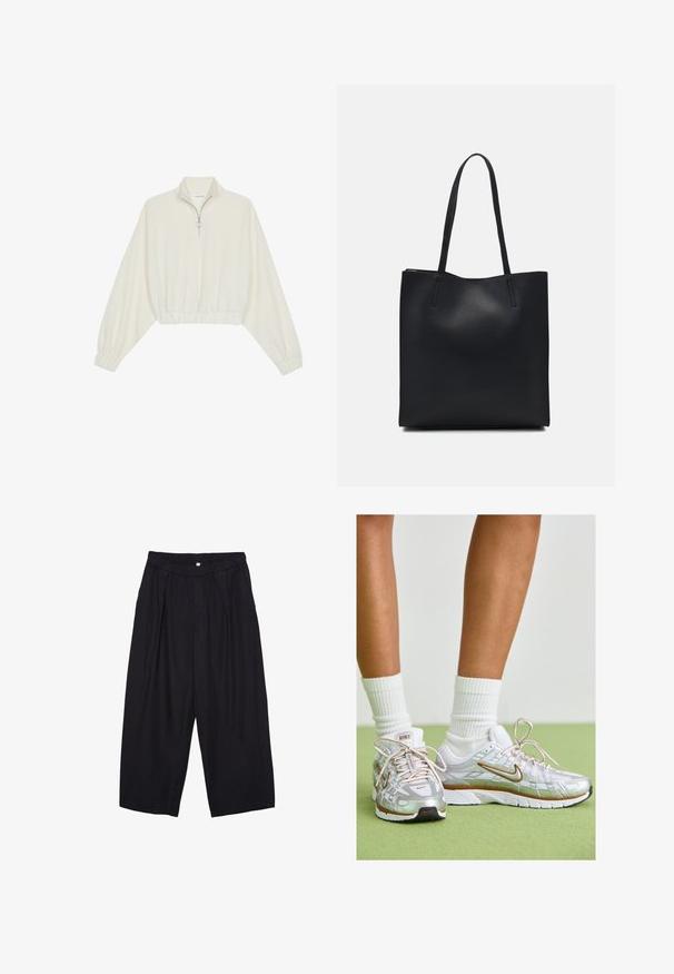 Skraćeni pulover od kremastog materijala, s visokim ovratnikom, zatvaranjem na polovicu munje, elastičnim rubom i manžetama, s glatkom teksturom i minimalnim dizajnom.; Crne poliester hlače culotte s elastičnim pojasom, dva prednja nabora i širokim krojem. Nema vidljivih uzoraka ili metalnih detalja.; Srebrne atletske tenisice s bijelim i zlatnim detaljima, s mrežastim gornjim dijelom, gumeni potplat i reflektirajućom završnom obradom. Čarape vidljive iznad gležnja.; Crna kožna torba za nošenje s glatkom teksturom, pravokutnim oblikom i dvije duge ručke. Nema vidljivih metalnih dijelova ili ukrasa.