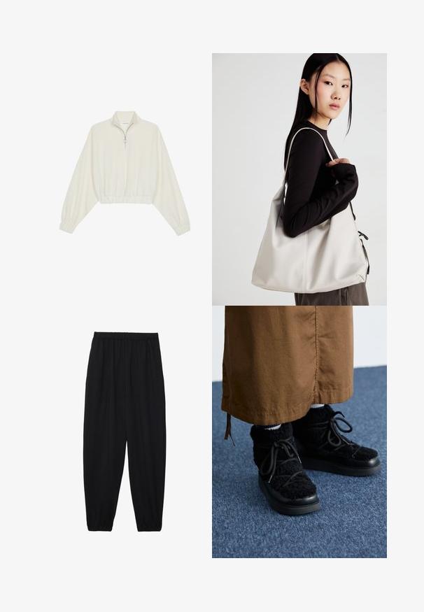 Kreemfarbenest lühikese varrukaga kudum, millel on kõrge kaelus, pool tõmblukk, elastne allosa ja varrukad, sile tekstuur ja minimaalne disain.; Mustad, kerge kangas püksid elastse vöökoha ja kokku volditud pahkluudega. Kanga pind on sile ja disain on lõdvestunud, kitsenev.; Mustad fliisidega mustad spordijalatsid platvormi tallaga, millel on nöörid, pehme tekstuur ja ümar varvas. Kombineeritud pruuni kangaga all.; Bež käekott pehme materjali, millel on lõtv disain, õmblustega detailid ja kaks õlarihma. Sobib igapäevaseks kasutamiseks.