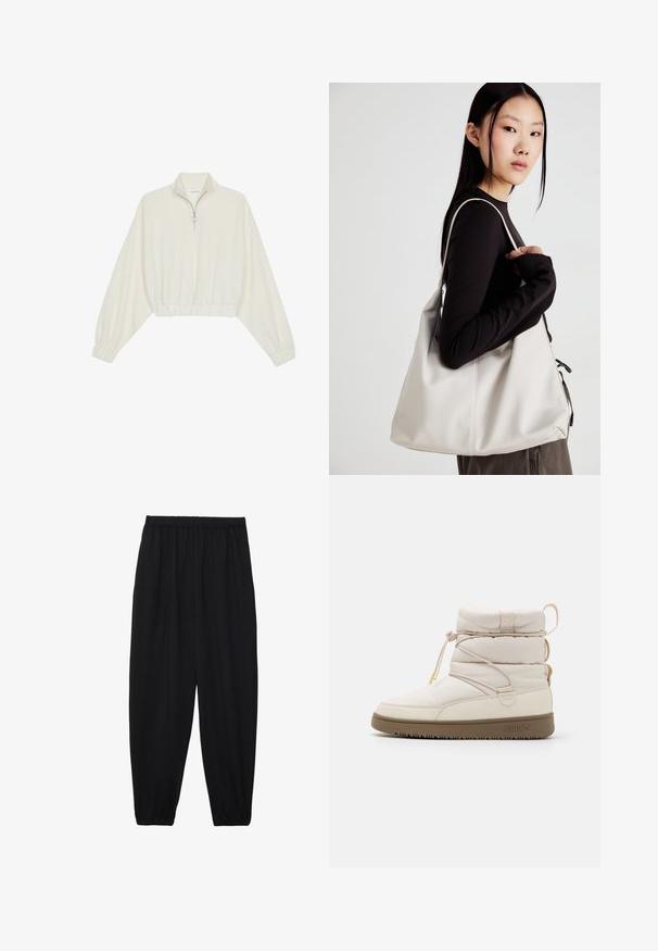 Kort genser i kremfarget stoff, med høy krage, halv glidelås, elastisk nederste kant og mansjetter, med en glatt tekstur og minimalistisk design.; Svarte, lette bukser med elastisk liv og rynkede ankler. Stoffet er glatt og har en avslappet, innsvingt design.; Beige ankelsko med quiltet stoff, elastiske snører og gummisåle. Har en polstret krage og subtil logo på siden.; Beige håndveske laget av mykt materiale, med en slapp design, sydd detaljer og to skulderstropper. Passer for daglig bruk.