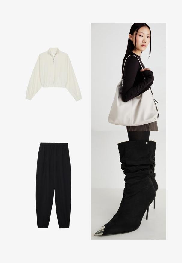 Pullover curto em tecido creme, apresentando um colarinho alto, fecho de meio zíper, bainha e punhos elásticos, com uma textura suave e design minimalista.; Calças pretas, leves, com um cinto elástico e punhos franzidos. O tecido é suave e apresenta um design relaxado e afunilado.; Botas de tornozelo pretas, descontraídas, com bico fino e detalhe metálico prateado. Feitas de material de camurça macia, com um salto alto de stiletto.; Uma bolsa bege feita de material macio, com um design descontraído, detalhes de costura e duas alças para o ombro. Adequada para uso diário.