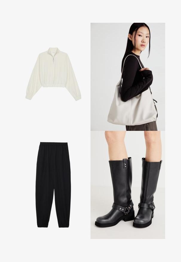 Krém színű, rövidített pulóver, magas gallérral, félig cipzáros záródással, elasztikus derék- és ujjakrésszel, sima textúrával és minimalista dizájnnal.; Fekete, könnyű nadrág elasztikus derékkal és ráncolt bokákkal. Az anyag sima és laza, szűkített dizájnnal rendelkezik.; Fekete bőr térd fölé érő csizmák széles szárú, pántos részletezéssel, ezüst hardware-rel és lapos talppal. Sima textúra, enyhe fényű.; Puha anyagból készült bézs kézitáska, laza dizájnnal, varrott részletekkel és két vállpánttal. Mindennapi használatra alkalmas.
