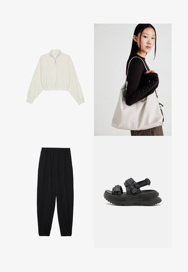 Kreptais pusītes džemperis krēmkrāsā, ar augstu apkakli, puszipa aizdari, elastīgu apakšmalu un aprocēm, ar gludu tekstūru un minimālistisku dizainu.; Melnas, vieglas bikses ar elastīgu jostu un savilktiem potītiem. Audums ir gluds un to raksturo brīva, sašaurināta forma.; Melni platform sandales ar regulējamām siksnām, gumijas zole ar košām zīmēm, un teksturēta auduma slānis komfortam un atbalstam.; Bežs rokassoma, izgatavota no mīksta materiāla, ar brīvu dizainu, izšūtu apdari un divām plecu siksnām. Piemērota ikdienas lietošanai.